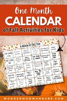 the month calendar for kids with pumpkins and other fall items on it, including an orange