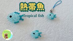 three small blue beads are hanging from a hook on a sign that says tropical fish