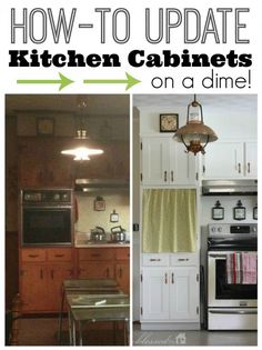 the kitchen cabinets are all white and have green curtains on them, with text overlay that reads how to update kitchen cabinets on a dime