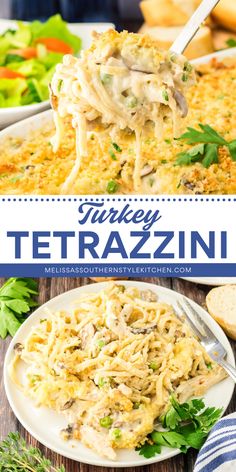 Turn leftover turkey into a creamy, comforting meal with this Turkey Tetrazzini recipe! Made with linguine, a homemade béchamel sauce, Parmesan cheese, onions, mushrooms, peas and cheese, this hearty dinner recipe is a must-have yummy comfort food! Tetrazzini Sauce Recipe, Tetrazzini Sauce, Peas And Cheese, Pasta Recipes With Chicken, Dinner Ideas Winter, Turkey Tetrazzini Recipe, Winter Dinner Ideas, Recipe For Turkey, Turkey Tetrazzini