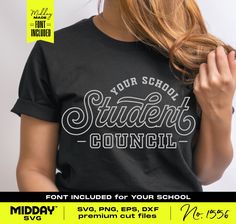 a woman wearing a black t - shirt with the words, your school student council on it