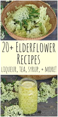 elderflower recipe in a jar with the title above it and an image of elderflower flowers