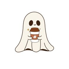 a cartoon ghost holding a cup of coffee