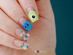 Mike Wazowski Nail Art, Teletubbies Nail Art, Monsters Ink Nails, Mike Wazowski Nails, Monster Nail Art, Cute Character Nails, Pixar Nail Designs, Monsters Inc Nail Art, Tsum Tsum Nails