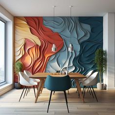 a dining room with a table and chairs in front of a colorful wall