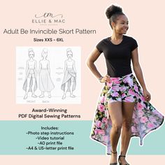 a woman is standing in front of an advertisement for her sewing pattern, with the words adult