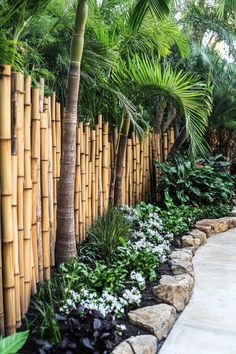 a bamboo fence surrounded by plants and flowers