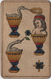 a card with an image of a woman holding a flower and two birds on it