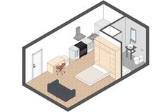 an aerial view of a living room and kitchen area in a tiny apartment with wood flooring