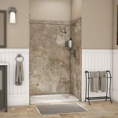 a bath room with a stand up shower