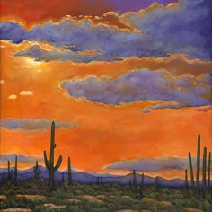 an oil painting of the desert with cactus trees and clouds in the sky at sunset