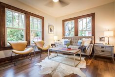 a living room filled with furniture and two large windows next to each other on top of a hard wood floor