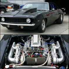 two pictures of an old muscle car with the hood up and the engine in place