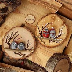 two small owls sitting on top of wooden slices