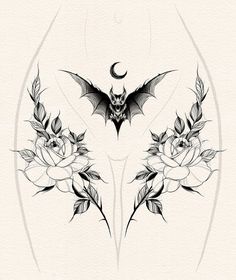 a bat and roses tattoo design on a white background