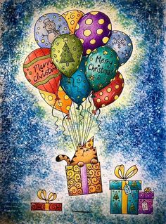 a painting of balloons and presents with the words merry christmas written on one of them