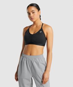 Gymshark Ruched Sports Bra - Black | Gymshark Bra Essentials, Low Intensity Workout, Gym Shark, Gym Workout Outfits, Sport Bra, Black Sports Bra