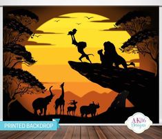 the lion king and his friends are silhouetted against an orange sunset in this disney poster