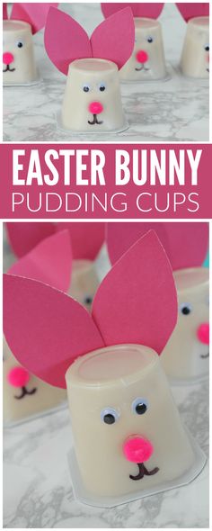 an easter bunny pudding cup is shown with the words, easy and fun for kids to make