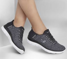 Pick up the pace with increased ease-of-wear and superior comfort wearing Skechers Slip-ins Summits - Dazzling Haze. Designed with our exclusive Heel Pillow , this vegan style features a soft heathered jersey knit upper with fixed stretch laces and a cushioned Skechers Air-Cooled Memory Foam comfort insole. | Skechers Women's Slip-ins: Summits - Dazzling Haze Sneaker | Medium Width | Skechers Hands Free Slip-ins for an easy fit | Exclusive Heel Pillow holds your foot securely in place | Skechers Skechers Slip On For Women, Vegan Style, Georgia Boots, Mens Skechers, Athleisure Casual, Mens Uggs, Clarks Women's, Timberlands Women, Vegan Fashion