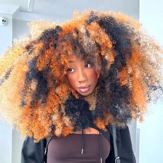 A woman with a curly color blocked afro with orange, black and blonde pops. Calico Hair Black Women, Calico Hair Color Curly, Calico Braids, Calico Hair On Curly Hair, Calico Curly Hair, Calico Hair Curly, Curly Calico Hair, Dark Calico Hair, Calico Hair Color Hairstyles