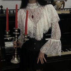 ♱ ⋆. vintage nymph blouse ♱ ⋆. роскошная блуза в викторианском стиле, выполнена из молочного кружева и украшена пышными рюшами содержит элементы ручной работы🕯️ s-m продано Gothic Blouse, Vampire Fashion, Gothic Outfits, Rock Style, Black Velvet, Outfit Inspirations, Lingerie, Wardrobe