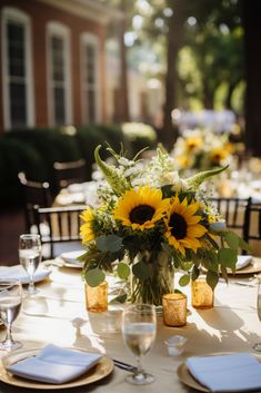 sunflowers and greenery are arranged in vases on a table set with place settings