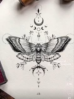 a drawing of a moth on top of a piece of paper next to some ink