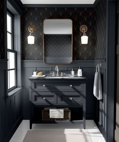 a bathroom with black walls and white flooring