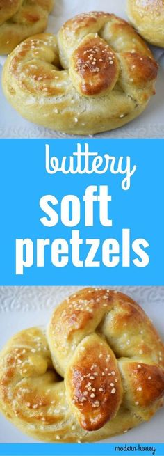 buttery soft pretzels on a white plate with the words, buttery soft pretzels