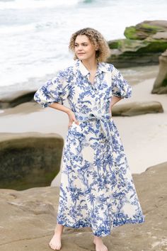 SPRING DRESS EVENT CLARISSE DRESS BLUE TOILE Dress Layers, Dress Up Shoes, Camilla Dress, Dress Event, Best Blazer, Blue Toile, Spring Dress, White Maxi Dresses, Hem Dress