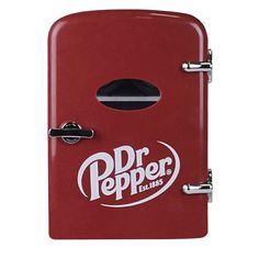 a red refrigerator with the dr pepper logo on it