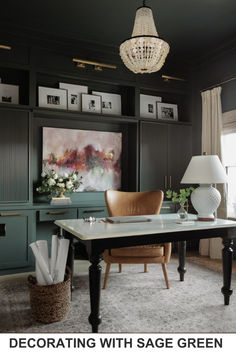 a living room with dark green walls and white carpeted flooring is featured in the article decorating with sage green