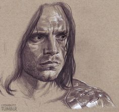 a pencil drawing of a man with long hair and armor on his arm, looking at the camera