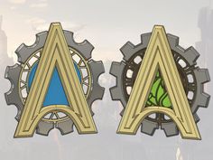 two wooden gears with the letters a and a green leaf on them, sitting next to each other