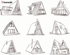 the different types of houses drawn in black and white, each with their own pitched roof