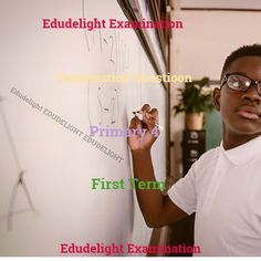 a young man writing on a whiteboard in front of an office wall with the words education examination primary and first term