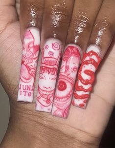 ₊˚ෆ Follow me for more 𐙚 visit my boards ₊˚ෆ Cute Different Nails, White Acrylic Square Nails, Hand Painted Nail Art Creative, Square Swirl Nails, Nail Art Characters, Junji Ito Nails, Acrylic Square Nails, Manicure Supplies, Hand Painted Nail Art