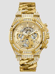 Gold-tone multifunctional watch Minimalist hour markers Rhinestone embellishments Polished chain-link bracelet Gold Wrist Watch, Guess Watches, Guess Watch, Wrist Game, Guess Men, Mens Gold, Stainless Steel Watch, Chain Link Bracelet, Chronograph Watch