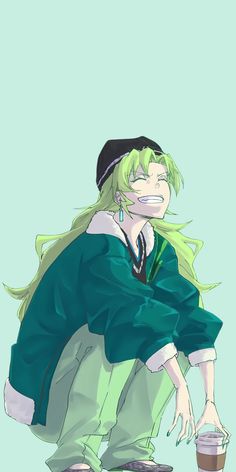 an anime character with green hair holding a coffee cup and looking at the camera while sitting down