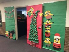 three decorated christmas doors in an office hallway with the theme of despicable characters on them