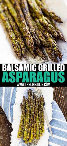 grilled asparagus on a white plate with text overlay