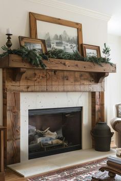 a living room with a fire place and pictures on the mantle