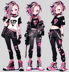 Kawaii Cyberpunk Outfits, Punk Fashion Drawing, Cool Female Character Designs, Punk Rock Character Design, Punk Look Fashion Illustration, Pastel Punk Outfits, Punk Girl Character Design, Punk Character Design, Chica Cool