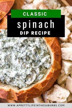 spinach dip recipe in bread bowl with text overlay