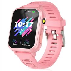 a pink smart watch on a white background