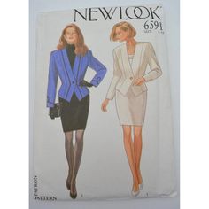 Vintage 1990's pattern from New Look 6591 featuring a woman's close fitting 2 piece suit with uneven avant-garde hemline, one button front with slim pencil skirt in sizes 8 to 18. This pattern is uncut and factory folded. This pattern was printed in the USA. This pattern shows sizes 8 to 18 with measurements as follows: Bust 31.5 to 38 inches waist 24 to 30 inches hips 33.5 to 40 inches Nape to waist is 15 3/4 to 16 3/4 inches This pattern is for a woman's classic business suit with V neckline, broader shoulders and an almost 40's style retro look with an uneven hemline, one button front and wide front lapel.  The skirt is a pencil skirt slimmer style. CONDITION: This pattern is uncut and factory folded. The pattern and instructions are in excellent vintage condition.  The paper envelope h New Look Patterns, 1980s Women, Estilo Real, Suit Pattern, Power Dressing, Skirt Patterns Sewing, Power Suit, 1980s Fashion, Sewing Skirts