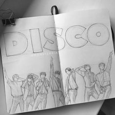 an open book with drawings of people in front of the word disco on it,