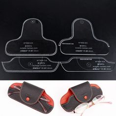 three pieces of black and red leather with white stitching