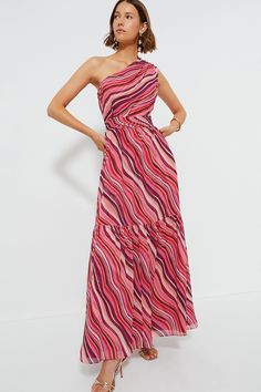 Sunset Stripe Cadiz Dress Tuckernuck Dress, Hamptons Summer, Summer Style Guide, Asymmetric Neckline, Skirt Maxi, Pink Swirls, Asymmetrical Neckline, Flowy Skirt, Low Iron